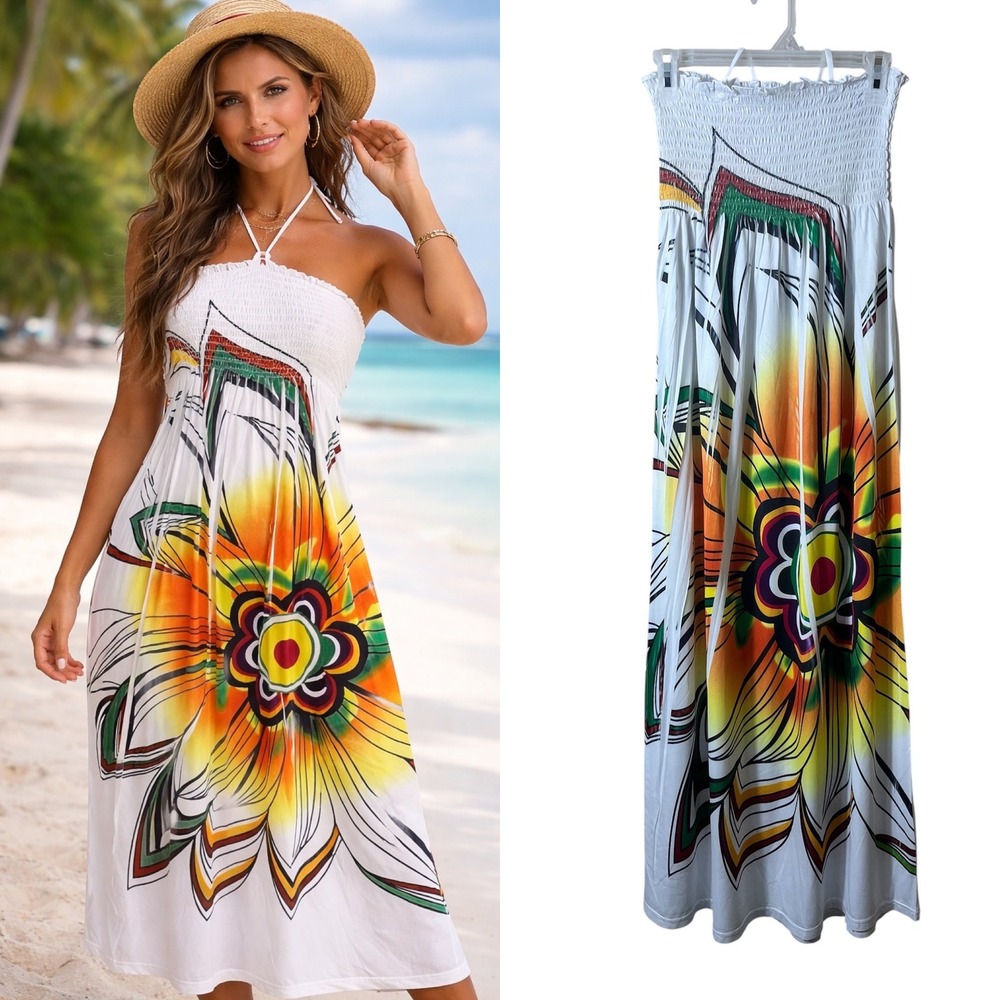 In Gear Boho Floral‎ Maxi Dress Halter Tie Small Beach Resort Summer Vacation